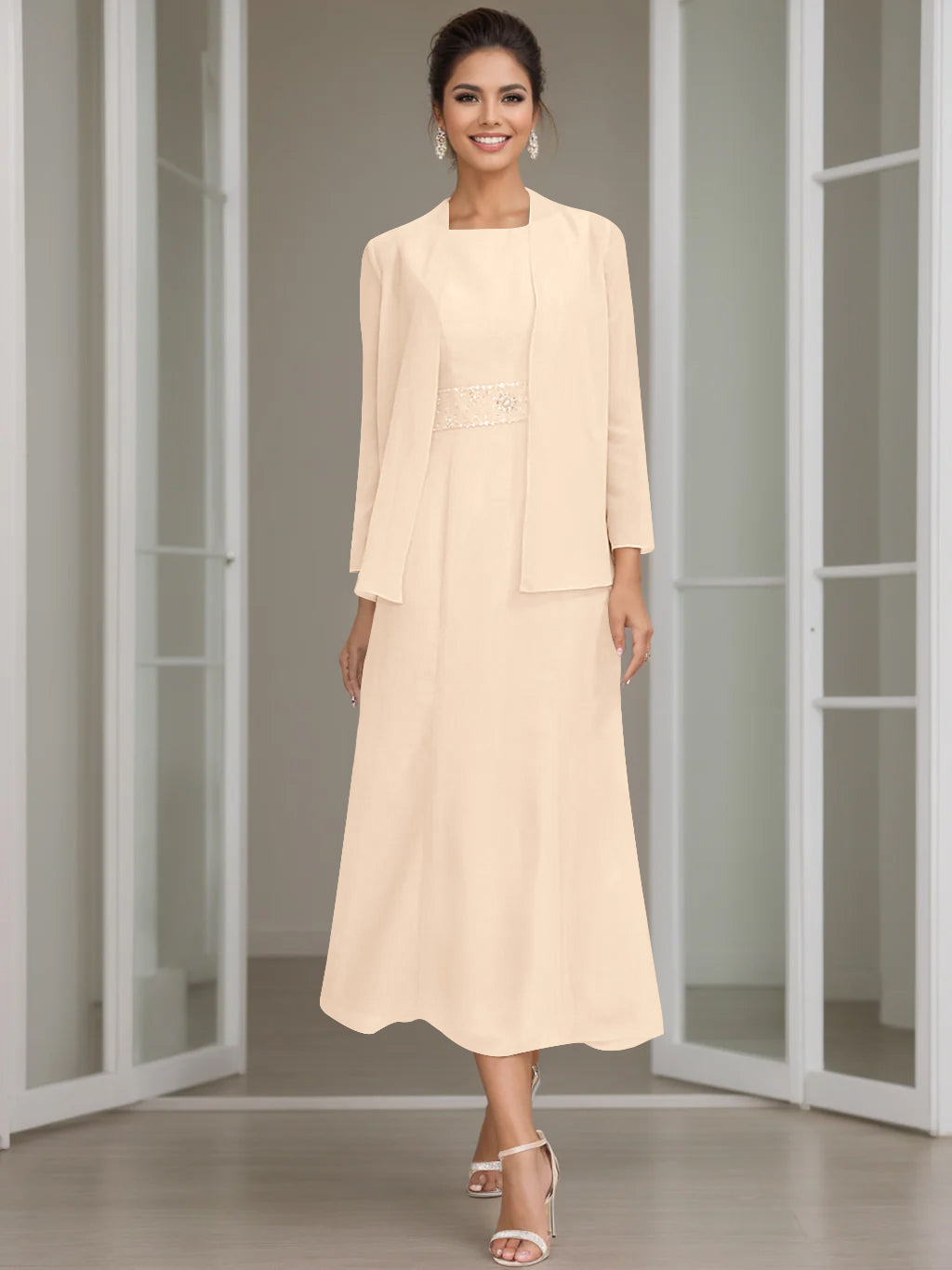 Tea-Length Mother of the Bride Sheath Dress with Beaded Jacket