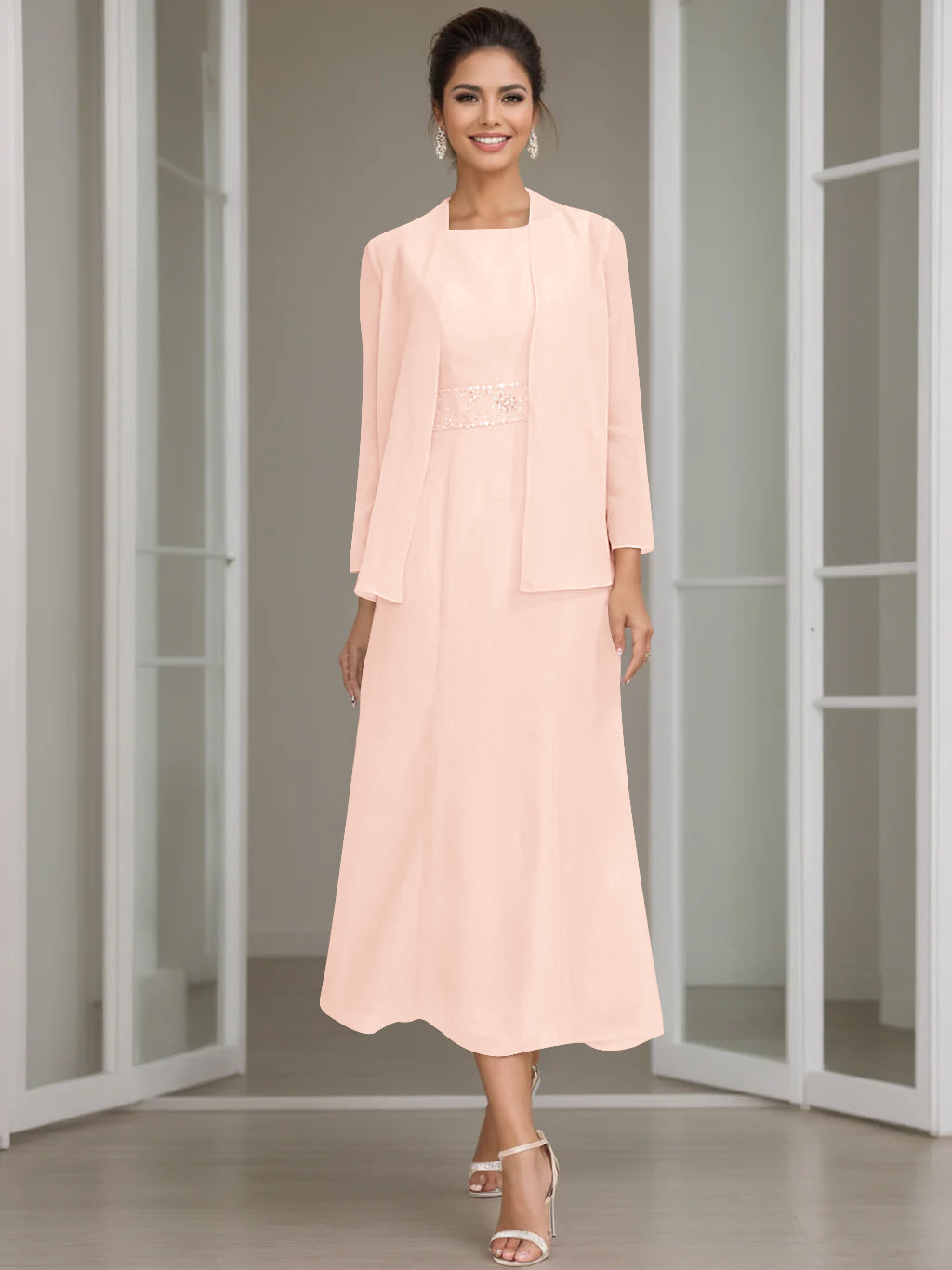 Tea-Length Mother of the Bride Sheath Dress with Beaded Jacket