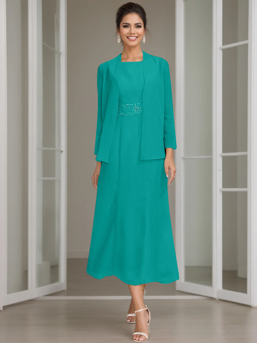Tea-Length Mother of the Bride Sheath Dress with Beaded Jacket