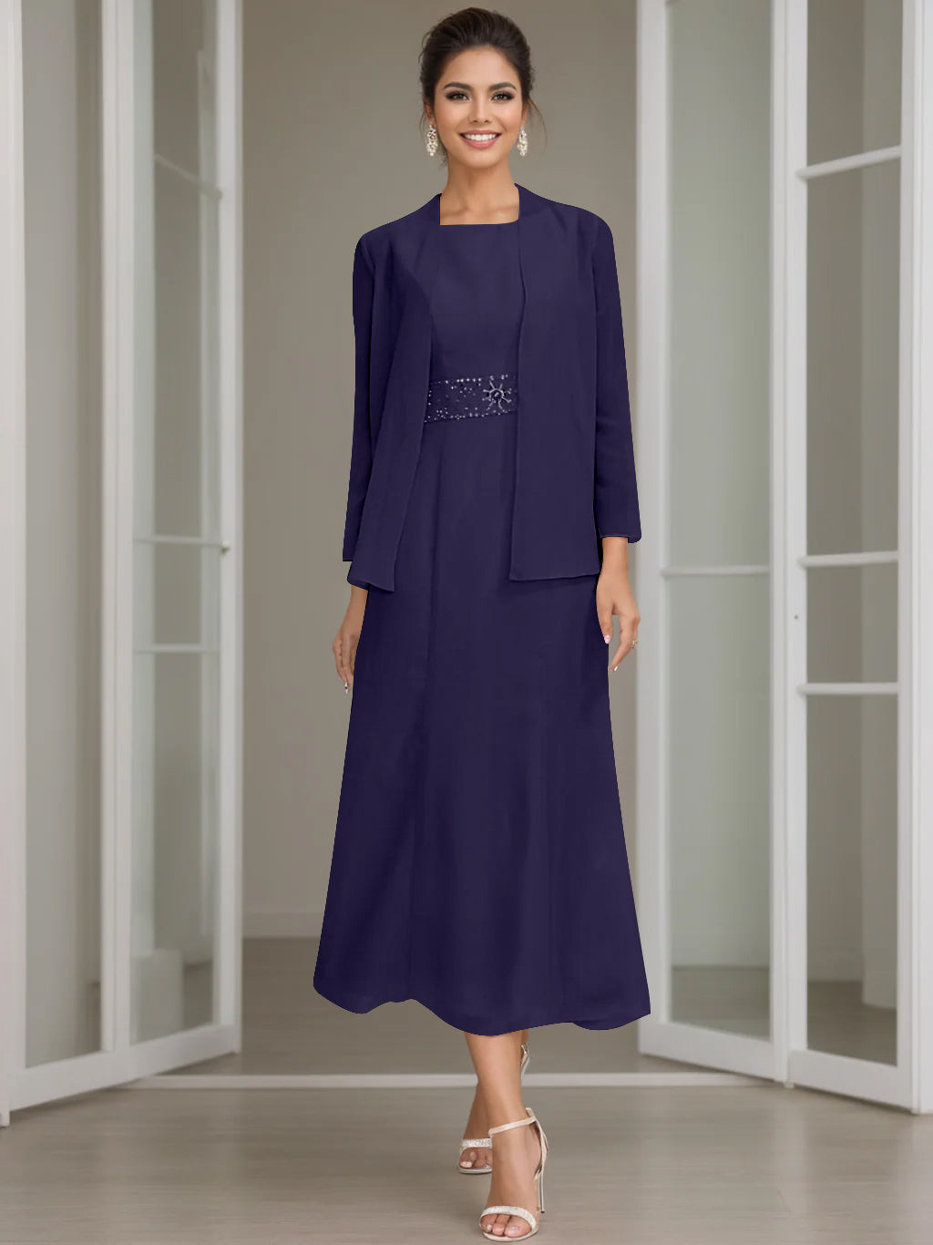 Tea-Length Mother of the Bride Sheath Dress with Beaded Jacket