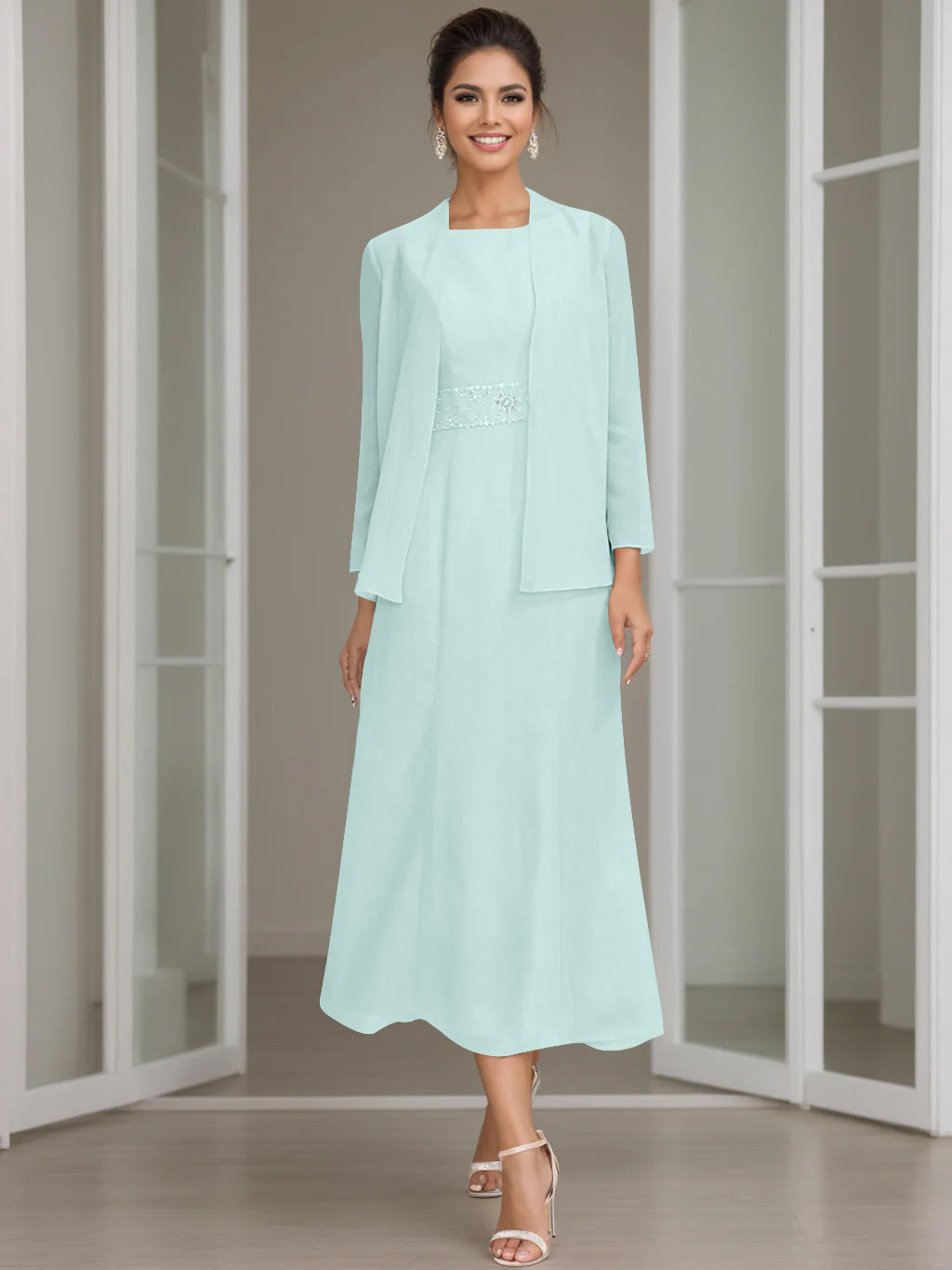 Tea-Length Mother of the Bride Sheath Dress with Beaded Jacket