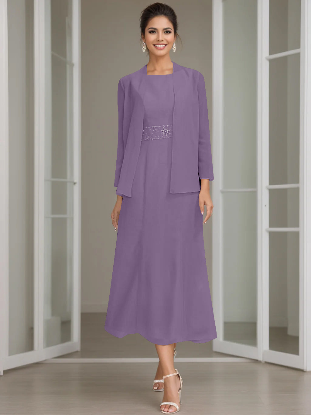 Tea-Length Mother of the Bride Sheath Dress with Beaded Jacket