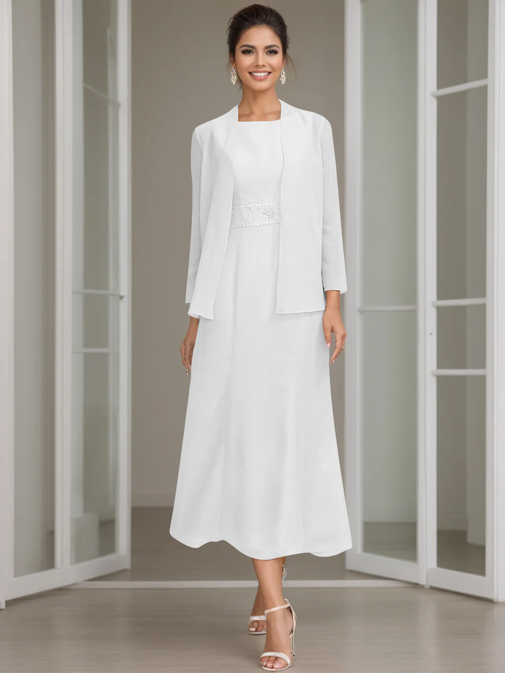 Tea-Length Mother of the Bride Sheath Dress with Beaded Jacket