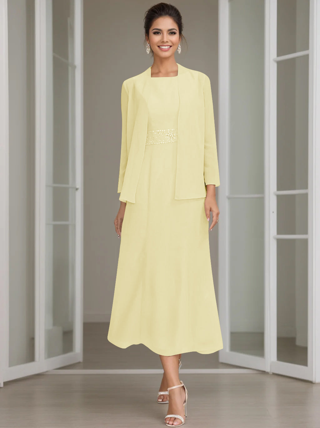 Tea-Length Mother of the Bride Sheath Dress with Beaded Jacket
