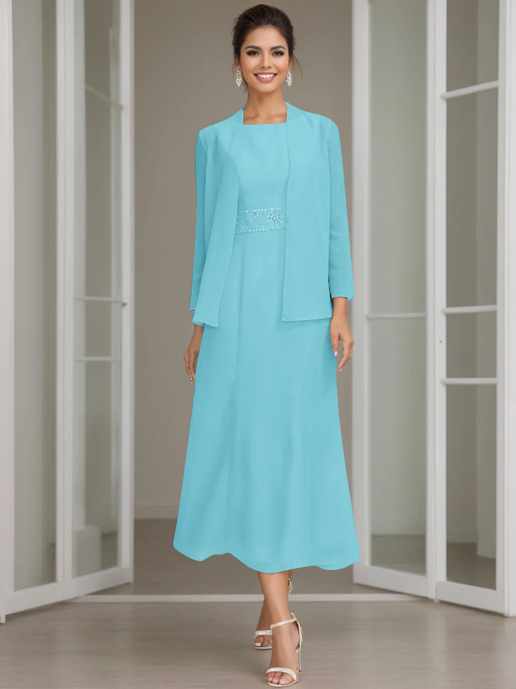 Tea-Length Mother of the Bride Sheath Dress with Beaded Jacket