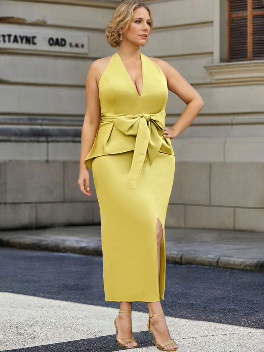 Tea-Length Sleeveless Halter Mother of the Bride Dress with Bowknot