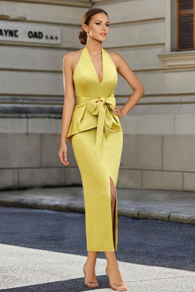 Tea-Length Sleeveless Halter Mother of the Bride Dress with Bowknot