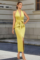 Tea-Length Sleeveless Halter Mother of the Bride Dress with Bowknot