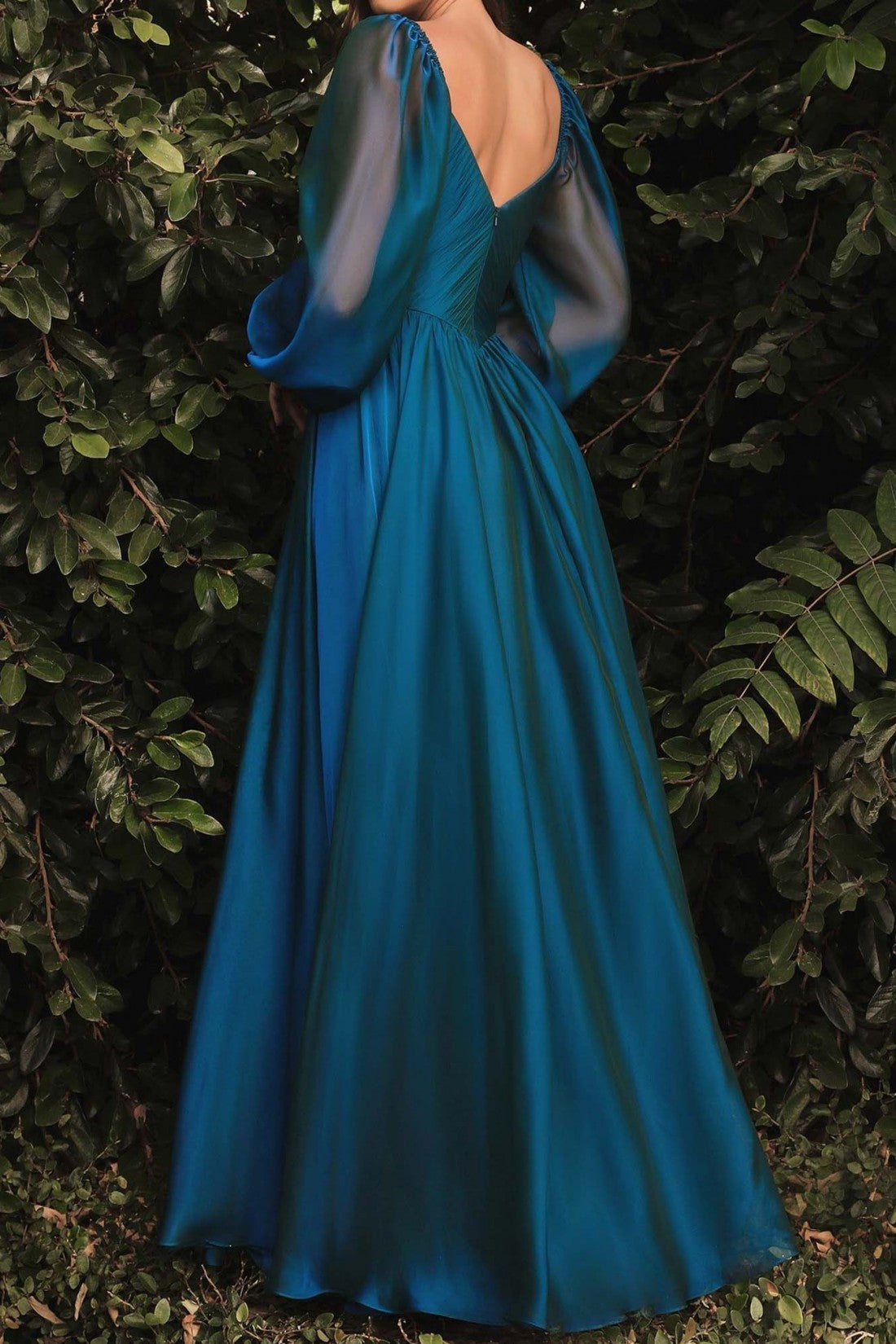 Teal A-Line Evening Dress V-Neck Long Sleeves Floor Length Long Formal Dress