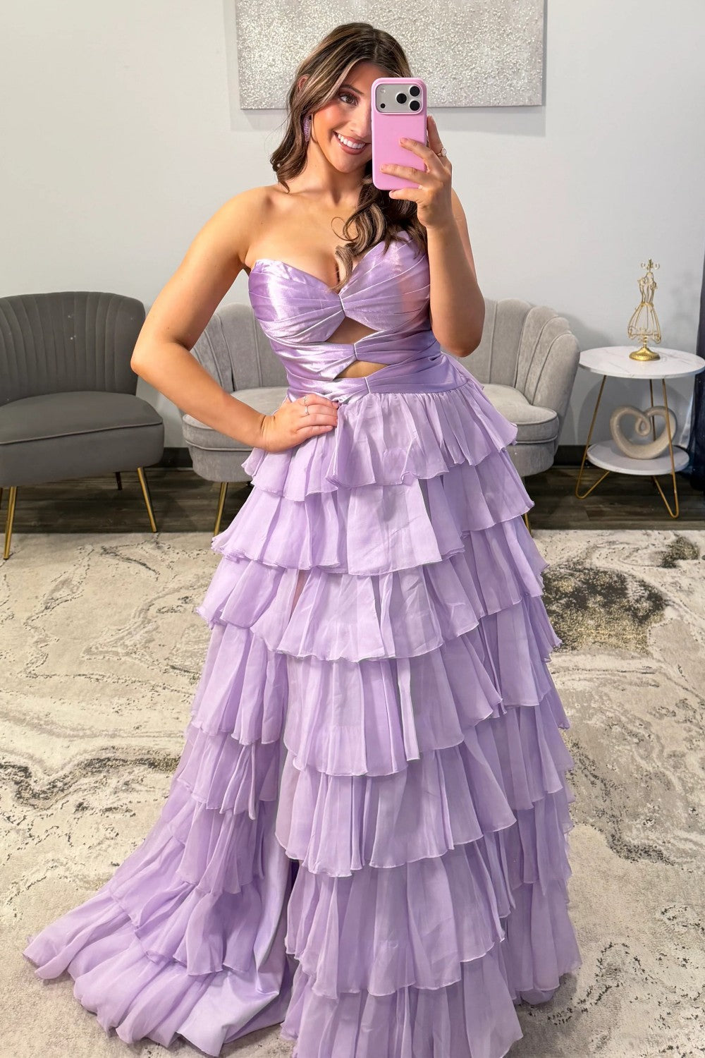 A Line Sweetheart Hot Pink Long Prom Dress With Ruffles Keyhole Formal Evening Gown