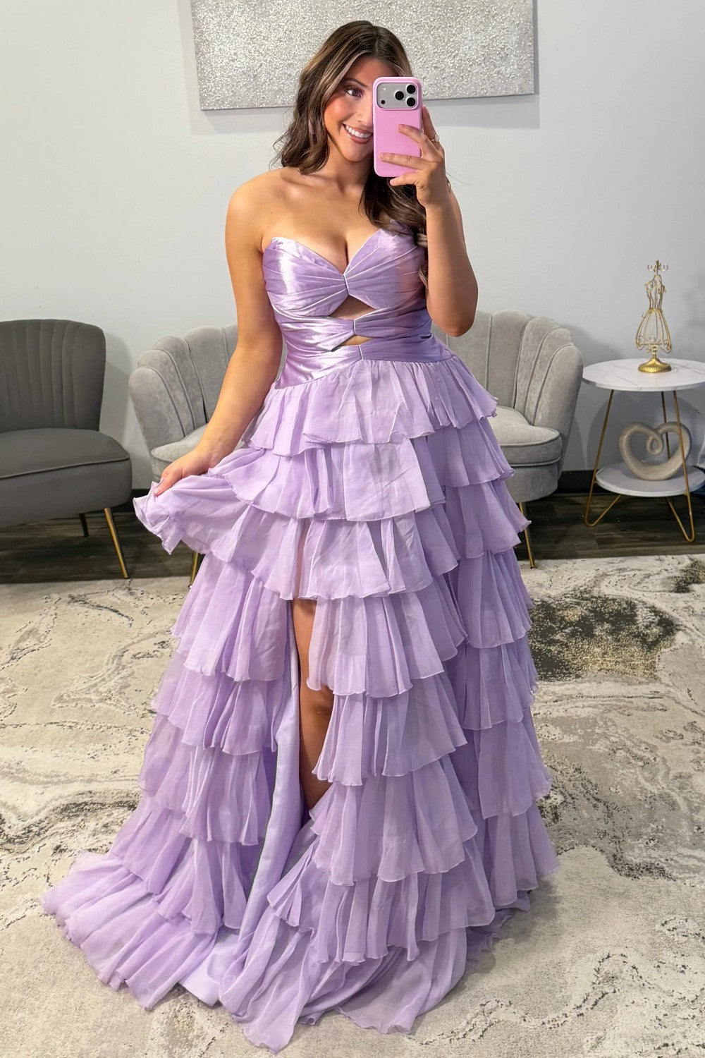 A Line Sweetheart Hot Pink Long Prom Dress With Ruffles Keyhole Formal Evening Gown