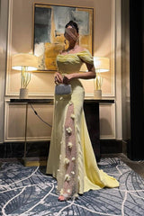 Trendy Mermaid Off The Shoulder Yellow Long Party Dress With Lace Split Front Formal Evening Gown