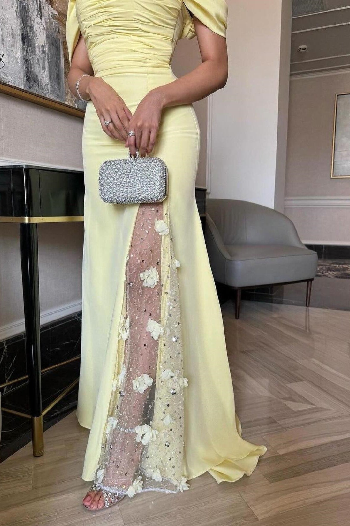 Trendy Mermaid Off The Shoulder Yellow Long Party Dress With Lace Split Front Formal Evening Gown