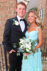 Trenidng A Line Sweetheart Blue Long Prom Dress With Ruffles Formal Evening Gown