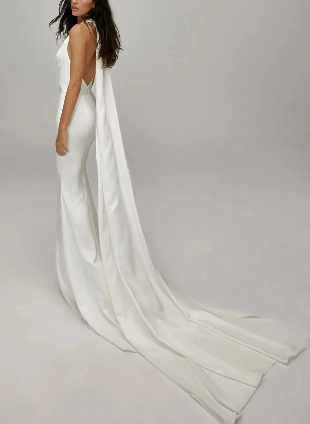 Trumpet Mermaid Halter Plunge Neck Sleeveless Detachable Train Matte Satin Wedding Dress