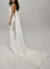 Trumpet Mermaid Halter Plunge Neck Sleeveless Detachable Train Matte Satin Wedding Dress