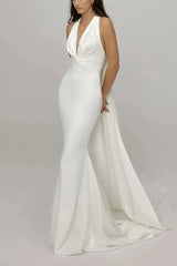 Trumpet Mermaid Halter Plunge Neck Sleeveless Detachable Train Matte Satin Wedding Dress