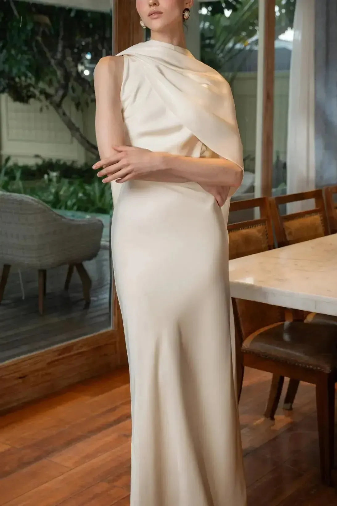 Trumpet Mermaid High Neck Cape Sleeves Floor Length Crepe Satin Wedding Dress