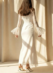 Trumpet Mermaid High Neck Long Sleeves Ankle Length Lace Satin Wedding Dress with Flower