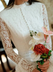 Trumpet Mermaid High Neck Long Sleeves Ankle Length Lace Satin Wedding Dress with Flower