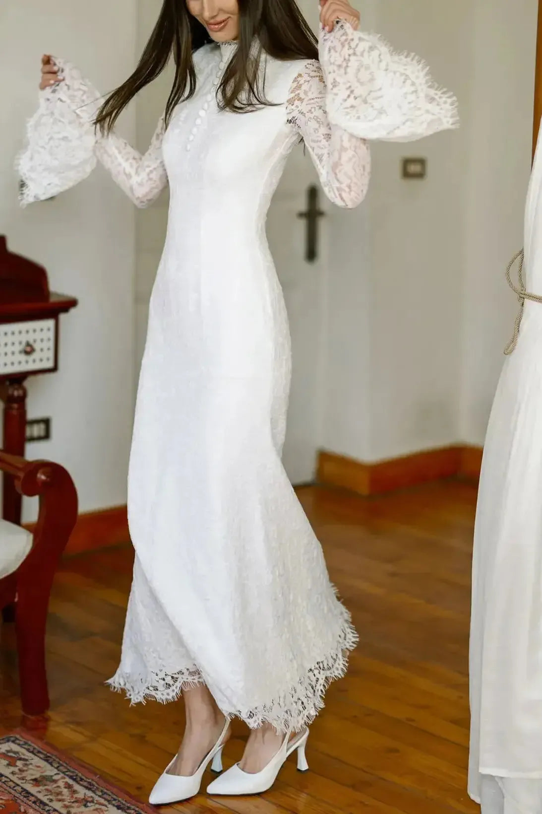 Trumpet Mermaid High Neck Long Sleeves Ankle Length Lace Satin Wedding Dress with Flower