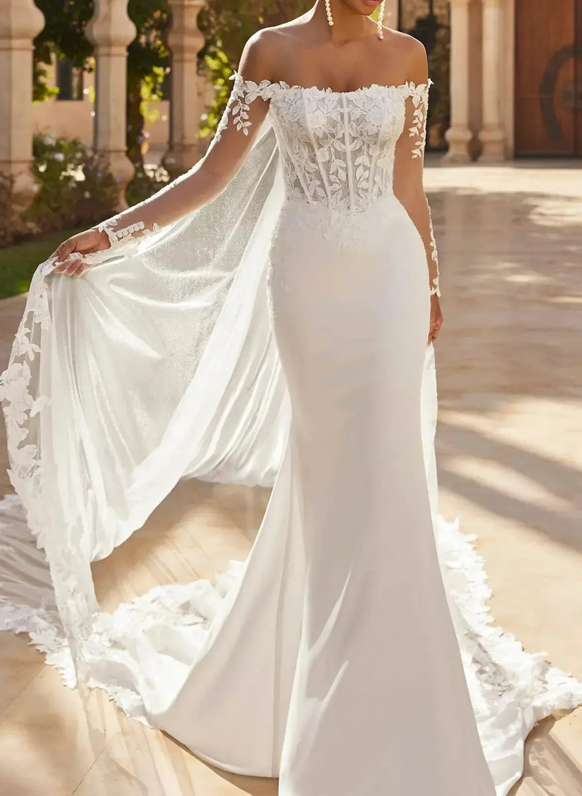 Trumpet Mermaid Off the Shoulder Long Sleeves Chapel Train Lace Satin Wedding Dress with Appliques