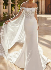 Trumpet Mermaid Off the Shoulder Long Sleeves Chapel Train Lace Satin Wedding Dress with Appliques