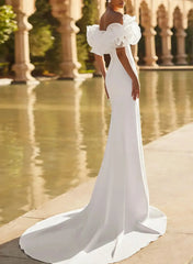 Trumpet Mermaid Off the Shoulder Short Sleeves Chapel Train Elastic Satin Wedding Dress