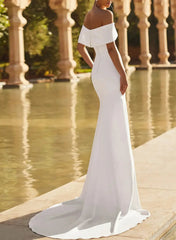 Trumpet Mermaid Off the Shoulder Short Sleeves Chapel Train Elastic Satin Wedding Dress