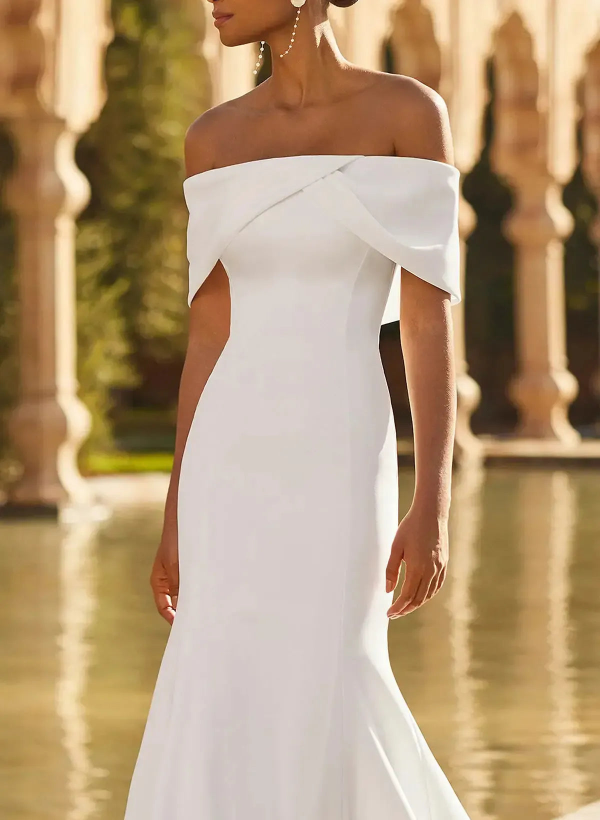 Trumpet Mermaid Off the Shoulder Short Sleeves Chapel Train Elastic Satin Wedding Dress