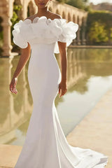 Trumpet Mermaid Off the Shoulder Short Sleeves Chapel Train Elastic Satin Wedding Dress