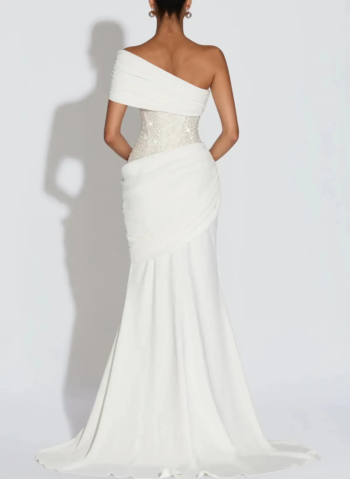 Trumpet Mermaid One Shoulder Sleeveless Sweep Train Elastic Satin Wedding Dress with Beading