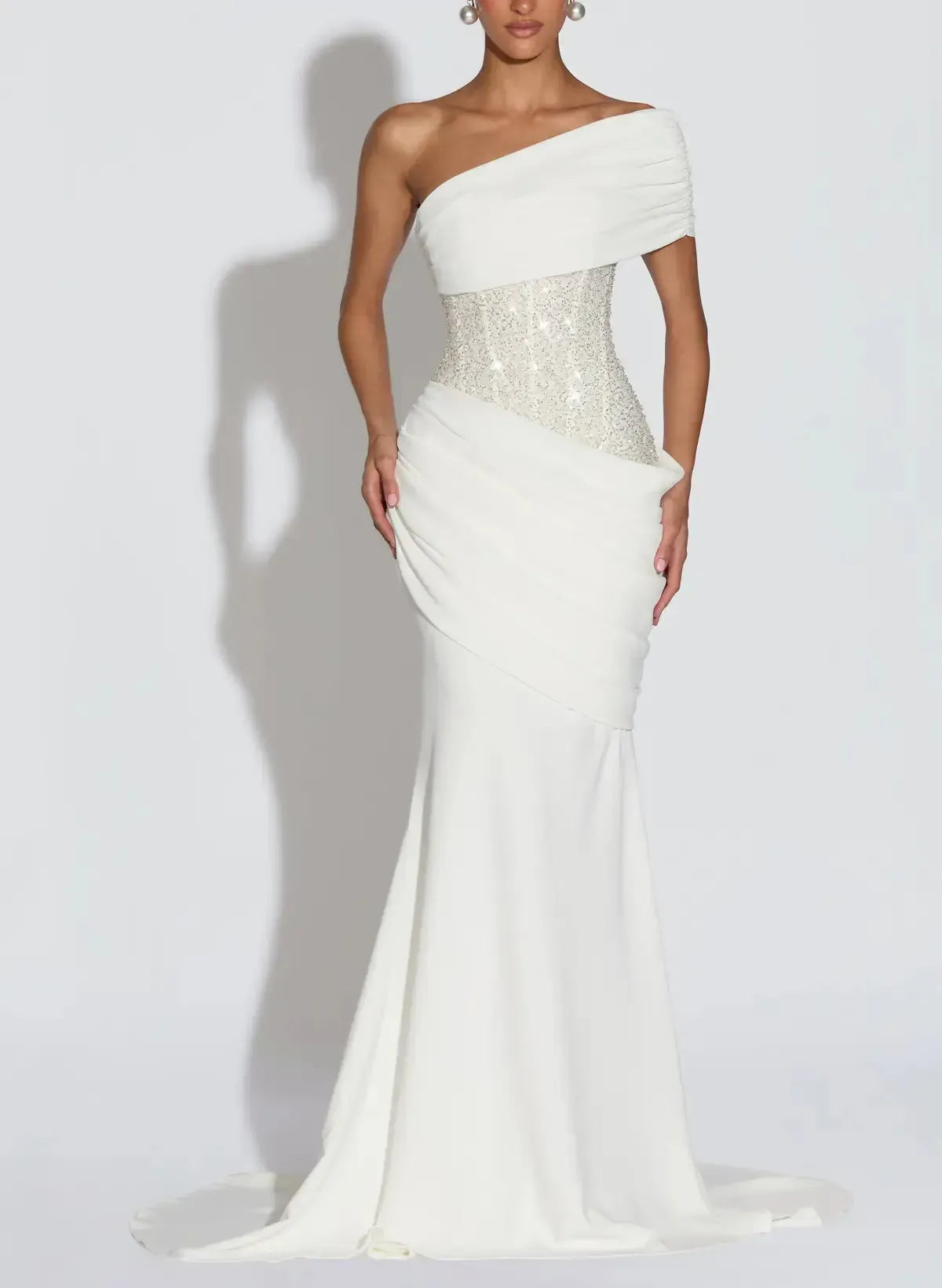 Trumpet Mermaid One Shoulder Sleeveless Sweep Train Elastic Satin Wedding Dress with Beading