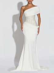 Trumpet Mermaid One Shoulder Sleeveless Sweep Train Elastic Satin Wedding Dress with Beading