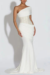 Trumpet Mermaid One Shoulder Sleeveless Sweep Train Elastic Satin Wedding Dress with Beading