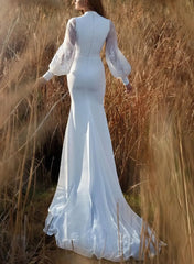 Trumpet Mermaid Plunge Neck Detachable Sleeves Sweep Train Satin Wedding Dress