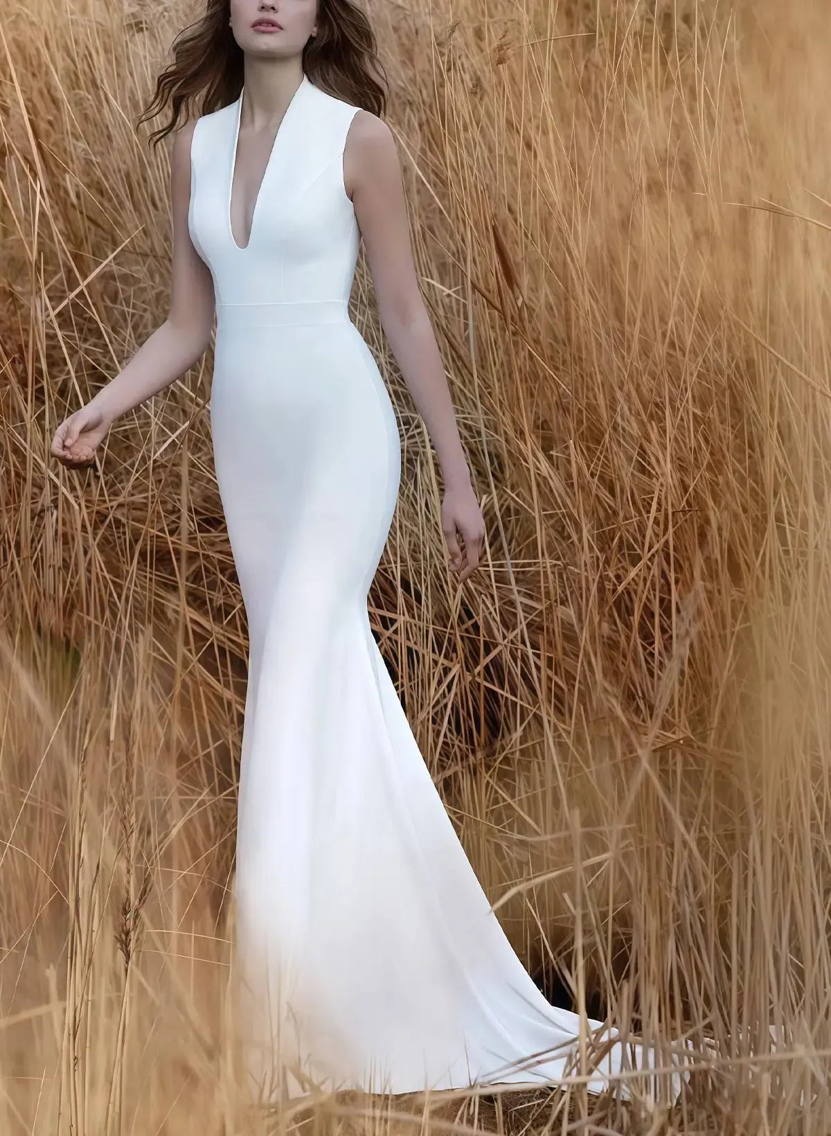 Trumpet Mermaid Plunge Neck Detachable Sleeves Sweep Train Satin Wedding Dress