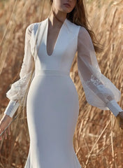 Trumpet Mermaid Plunge Neck Detachable Sleeves Sweep Train Satin Wedding Dress
