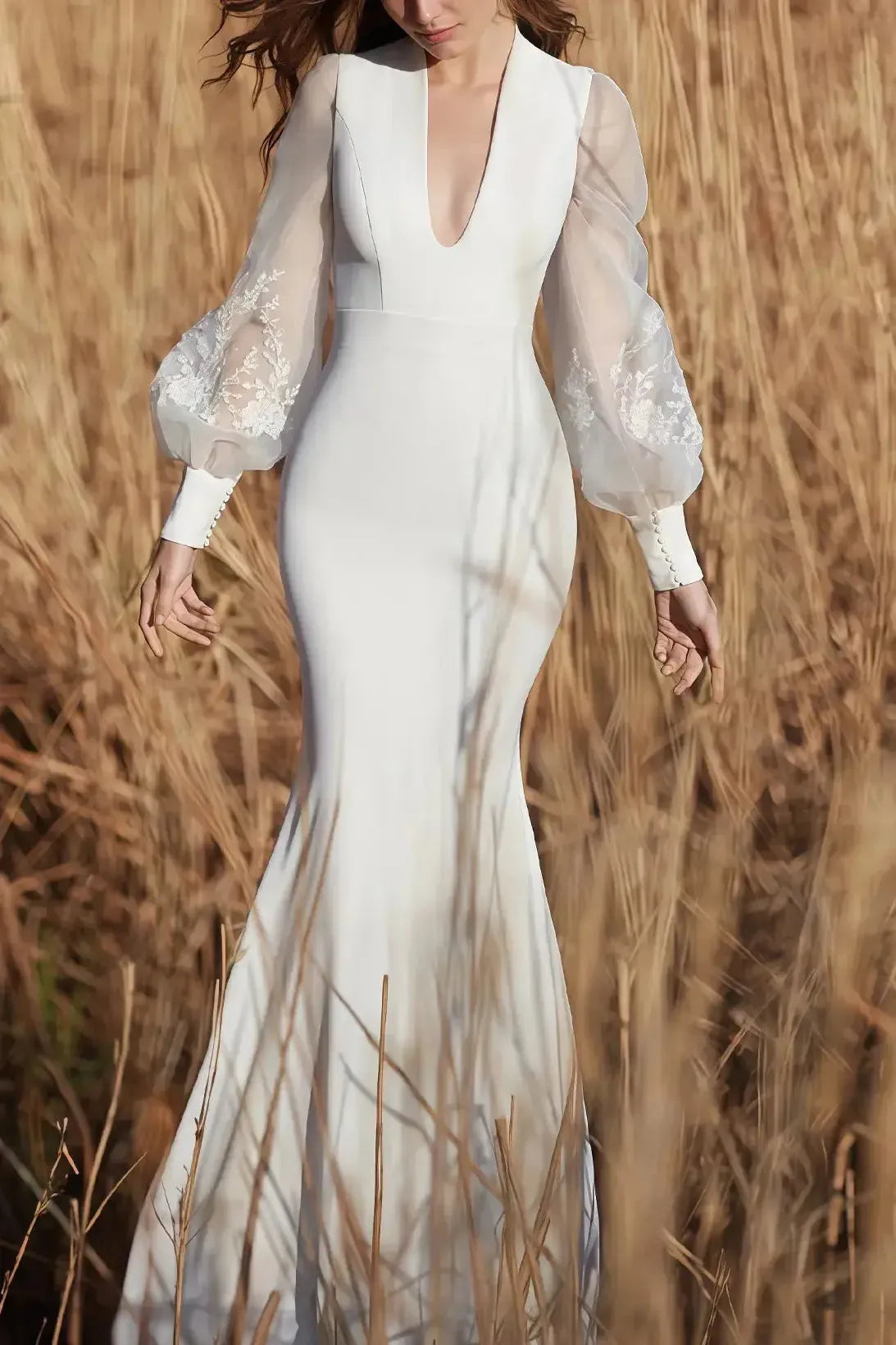 Trumpet Mermaid Plunge Neck Detachable Sleeves Sweep Train Satin Wedding Dress