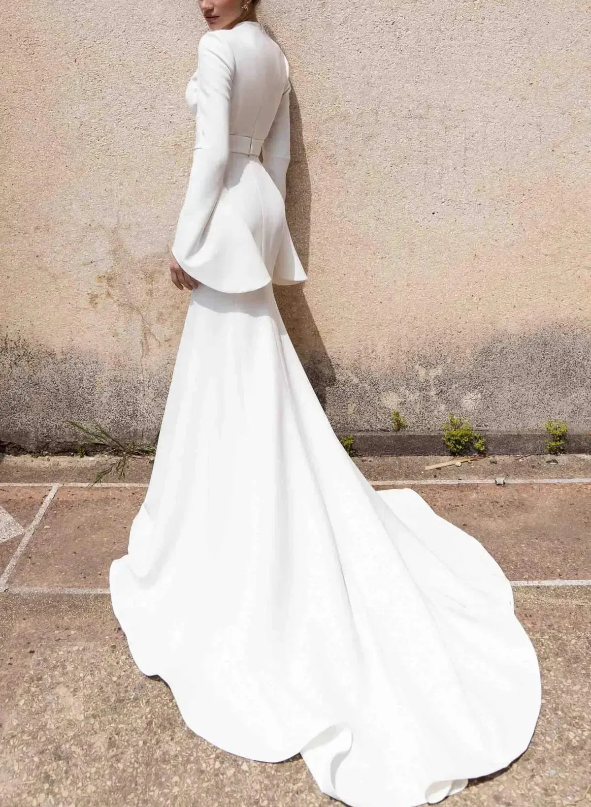 Trumpet Mermaid Plunge Neck Long Sleeves Court Train Elastic Satin Wedding Dress