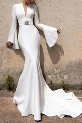 Trumpet Mermaid Plunge Neck Long Sleeves Court Train Elastic Satin Wedding Dress