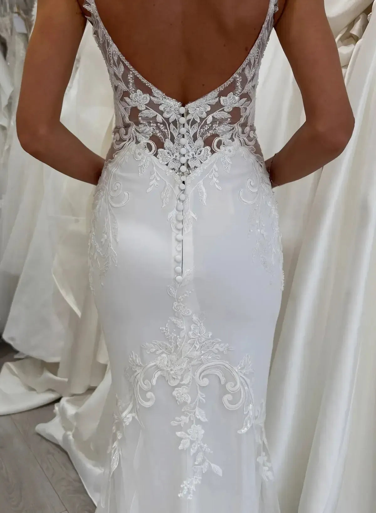 Trumpet Mermaid Plunge Neck Sleeveless Court Train Elastic Satin Wedding Dress with Appliques