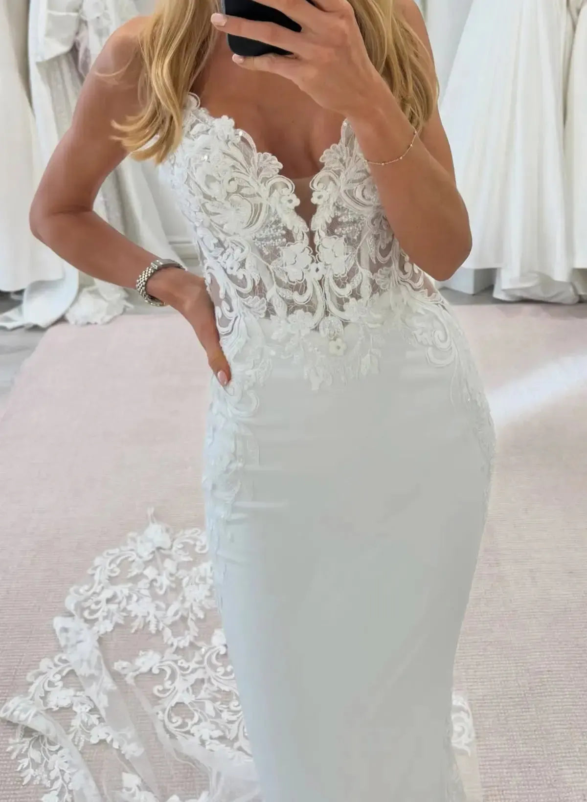 Trumpet Mermaid Plunge Neck Sleeveless Court Train Elastic Satin Wedding Dress with Appliques
