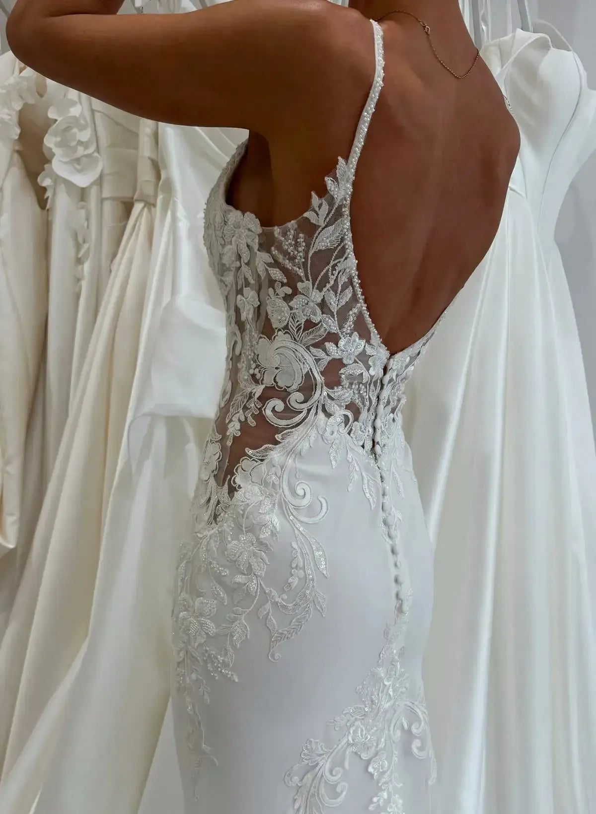 Trumpet Mermaid Plunge Neck Sleeveless Court Train Elastic Satin Wedding Dress with Appliques