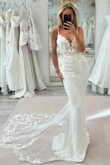 Trumpet Mermaid Plunge Neck Sleeveless Court Train Elastic Satin Wedding Dress with Appliques