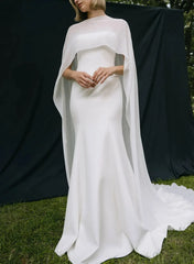Trumpet Mermaid Scoop Neck Cape Sleeves Sweep Train Chiffon Elastic Satin Wedding Dress
