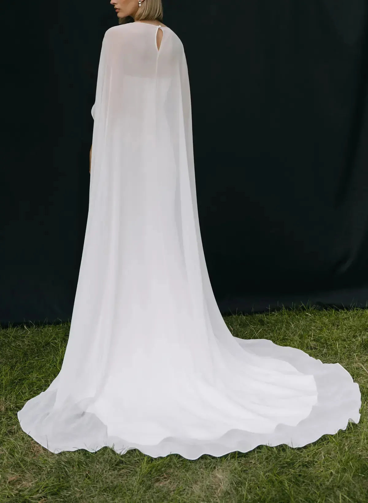 Trumpet Mermaid Scoop Neck Cape Sleeves Sweep Train Chiffon Elastic Satin Wedding Dress