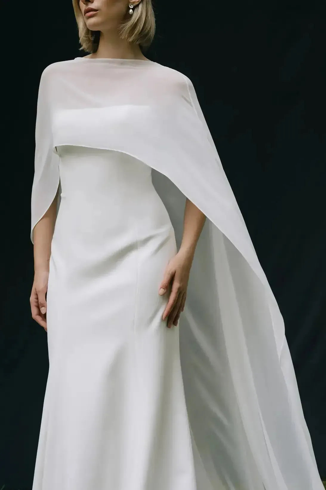 Trumpet Mermaid Scoop Neck Cape Sleeves Sweep Train Chiffon Elastic Satin Wedding Dress