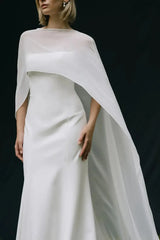 Trumpet Mermaid Scoop Neck Cape Sleeves Sweep Train Chiffon Elastic Satin Wedding Dress