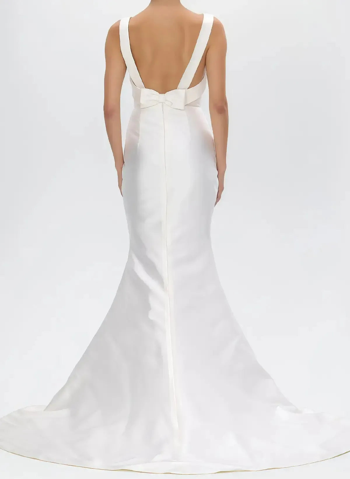 Trumpet Mermaid Scoop Neck Sleeveless Satin Wedding Dress with Detachable Bow Train